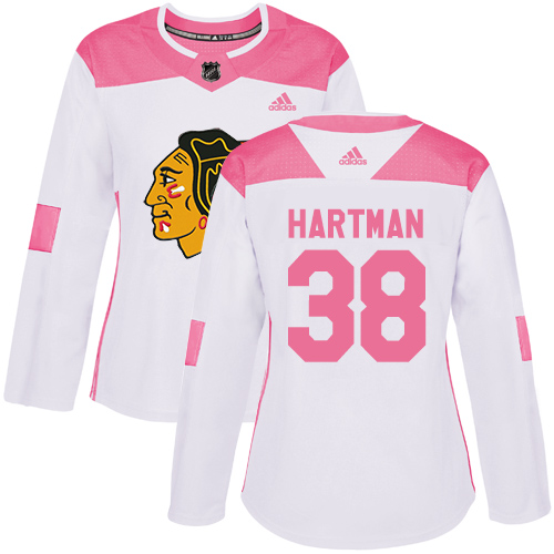 Adidas Blackhawks #38 Ryan Hartman White/Pink Authentic Fashion Women's Stitched NHL Jersey - Click Image to Close